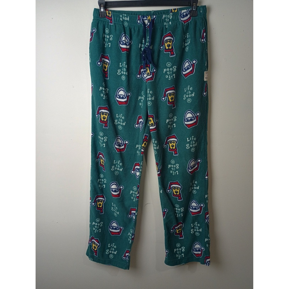 Life is Good Mens Christmas Fleece Pajama Pants‎ Green Rocket Santa Dog Large